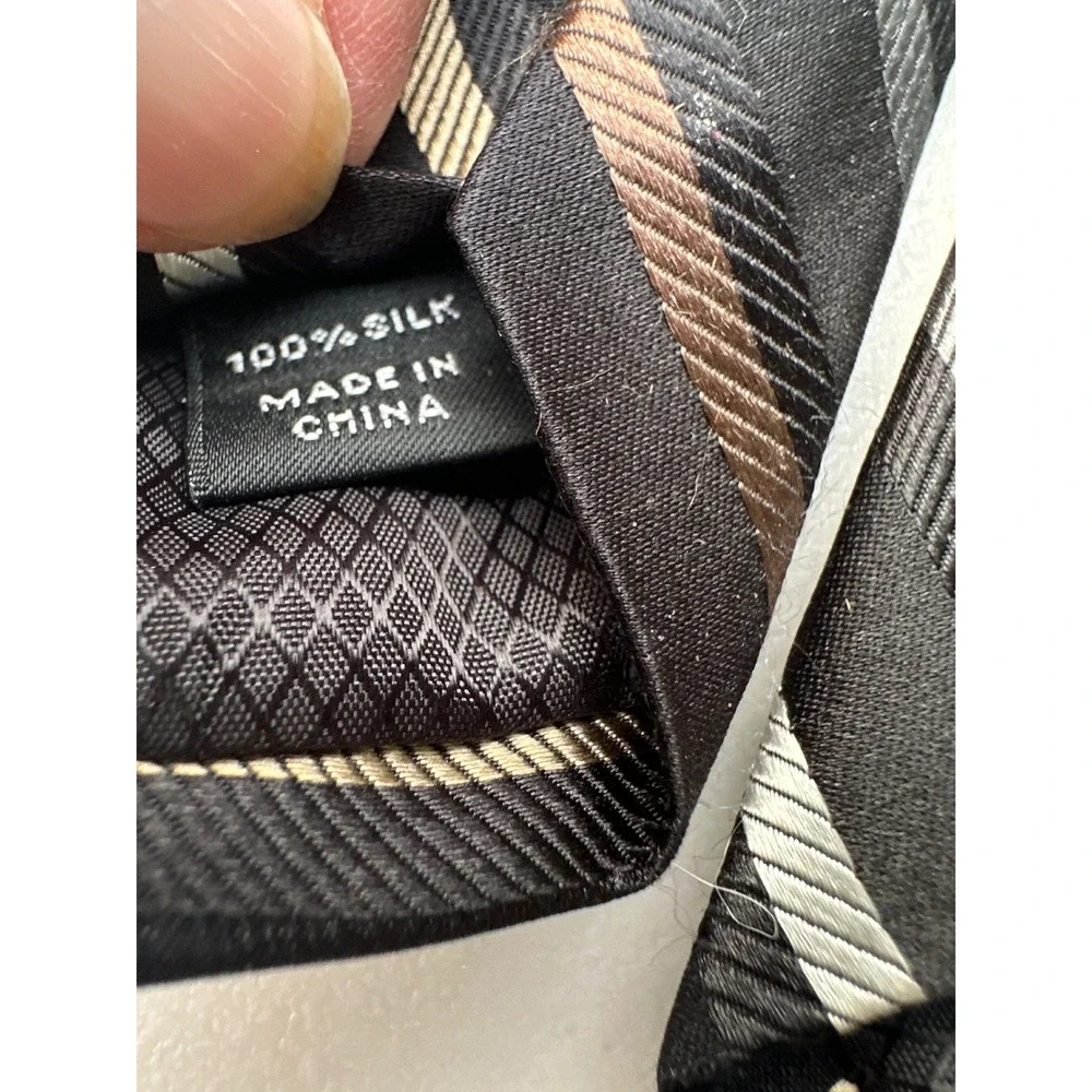 Nicole Miller New York Mens Silk Necktie Black Grey Bronze Striped Formal Tie